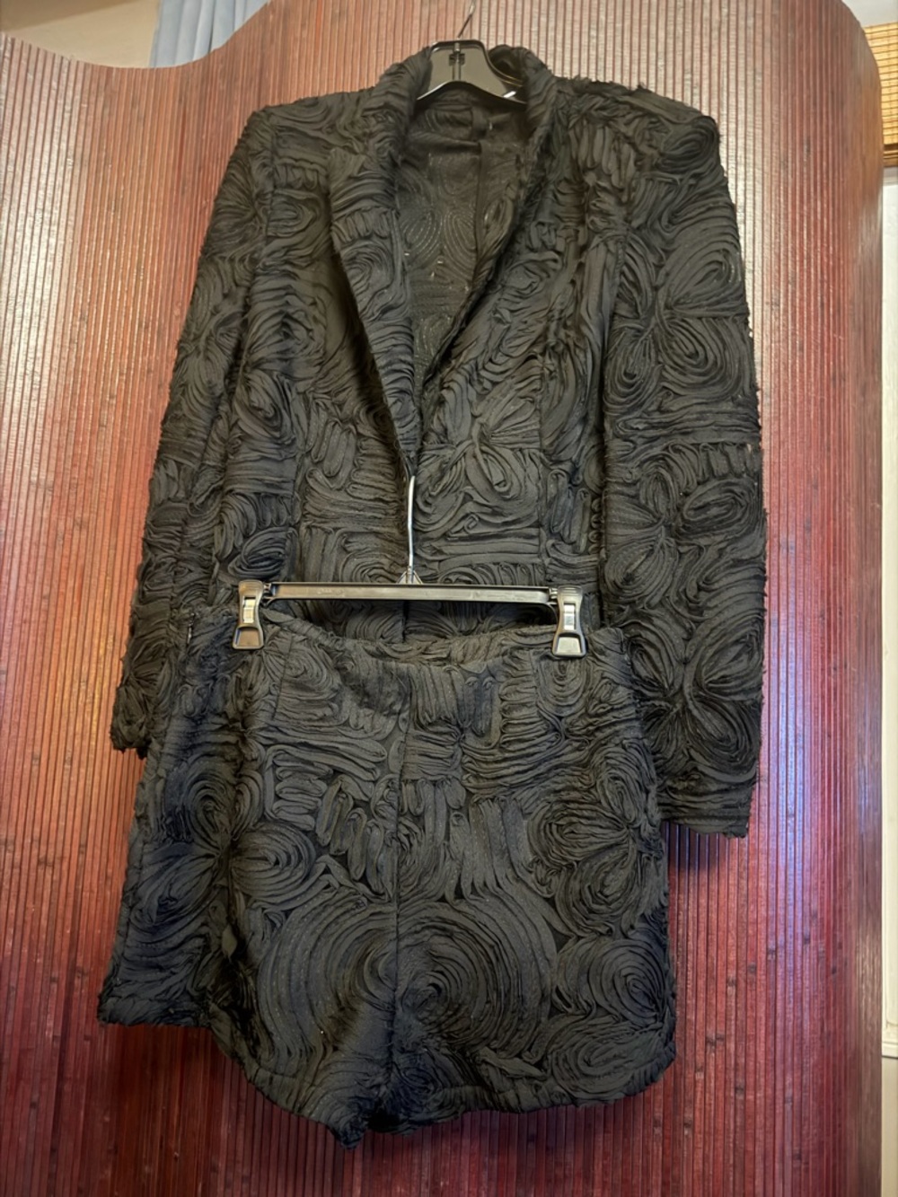 Black Textured Long Women's Coat - Elegant Swirl Pattern